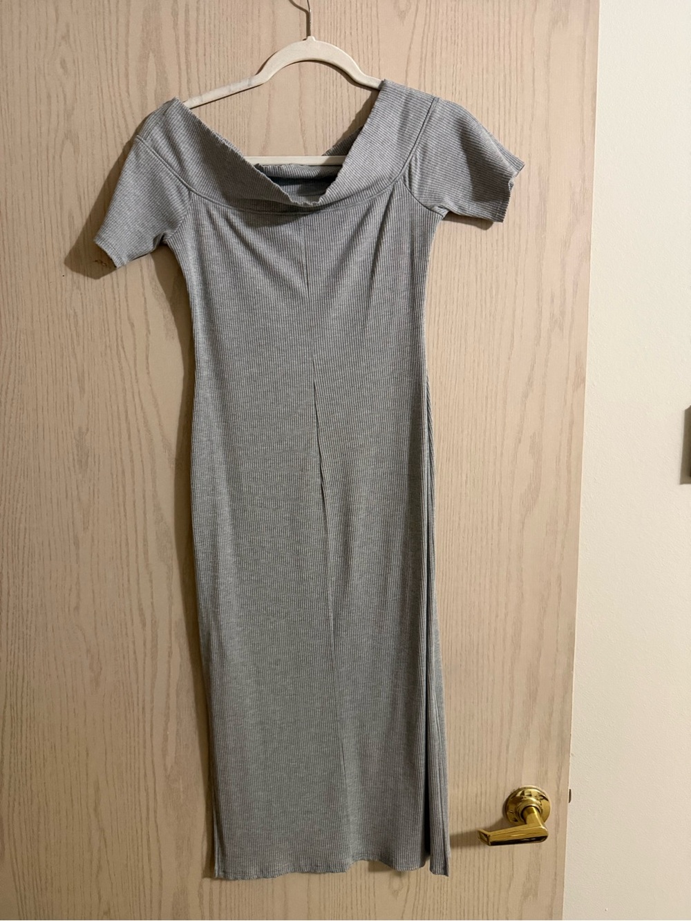 Blue Blush Grey Off-Shoulder Ribbed Maxi Dress